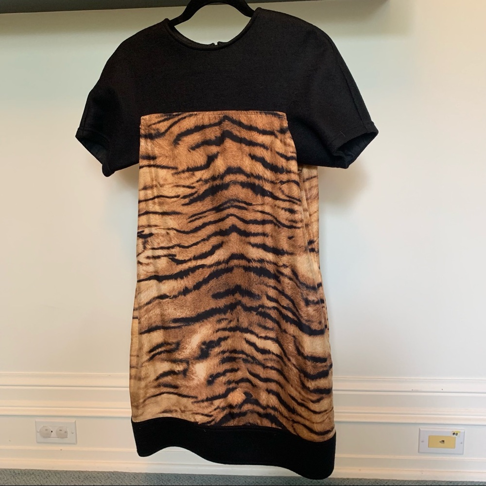 Longchamp Tiger Print Silk Dress with Black Wool Trim